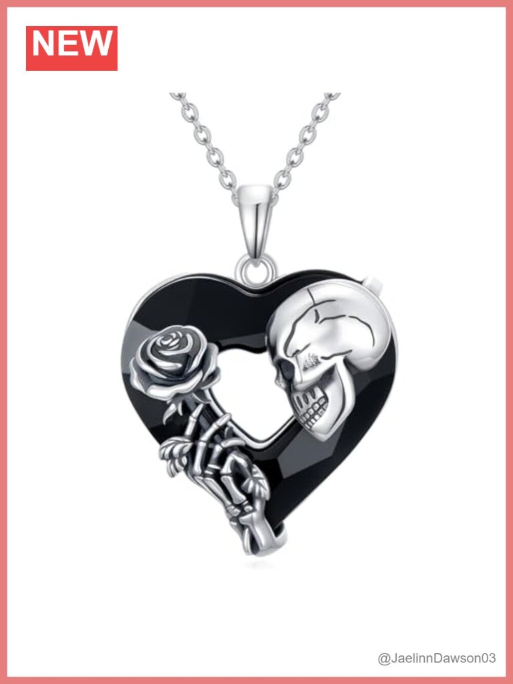 925 Sterling Silver Gothic Skull Rose Pendant Necklace with Black Crystal